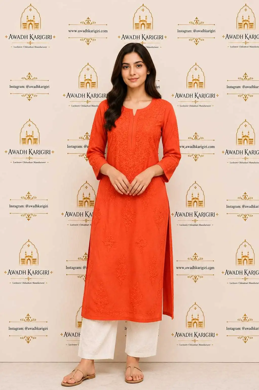 Orange Chikankari Kurti Set