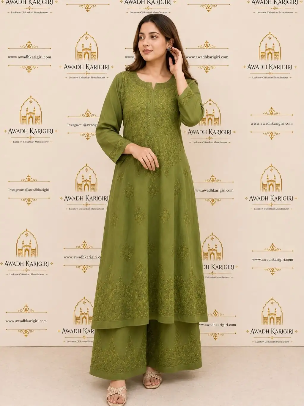 Olive Embroidered Palazzo Set